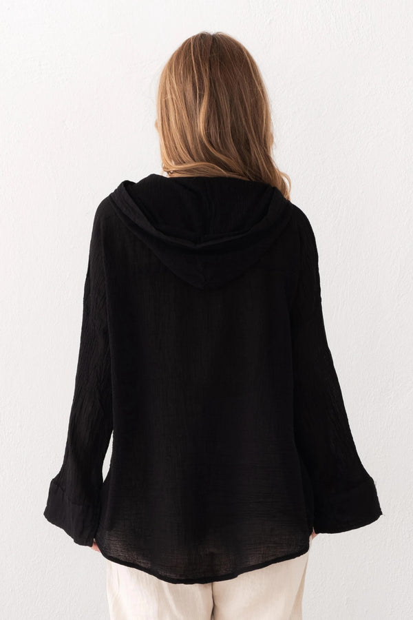 Black Linen Long Sleeve Hoodie Shirt - Vleyn
