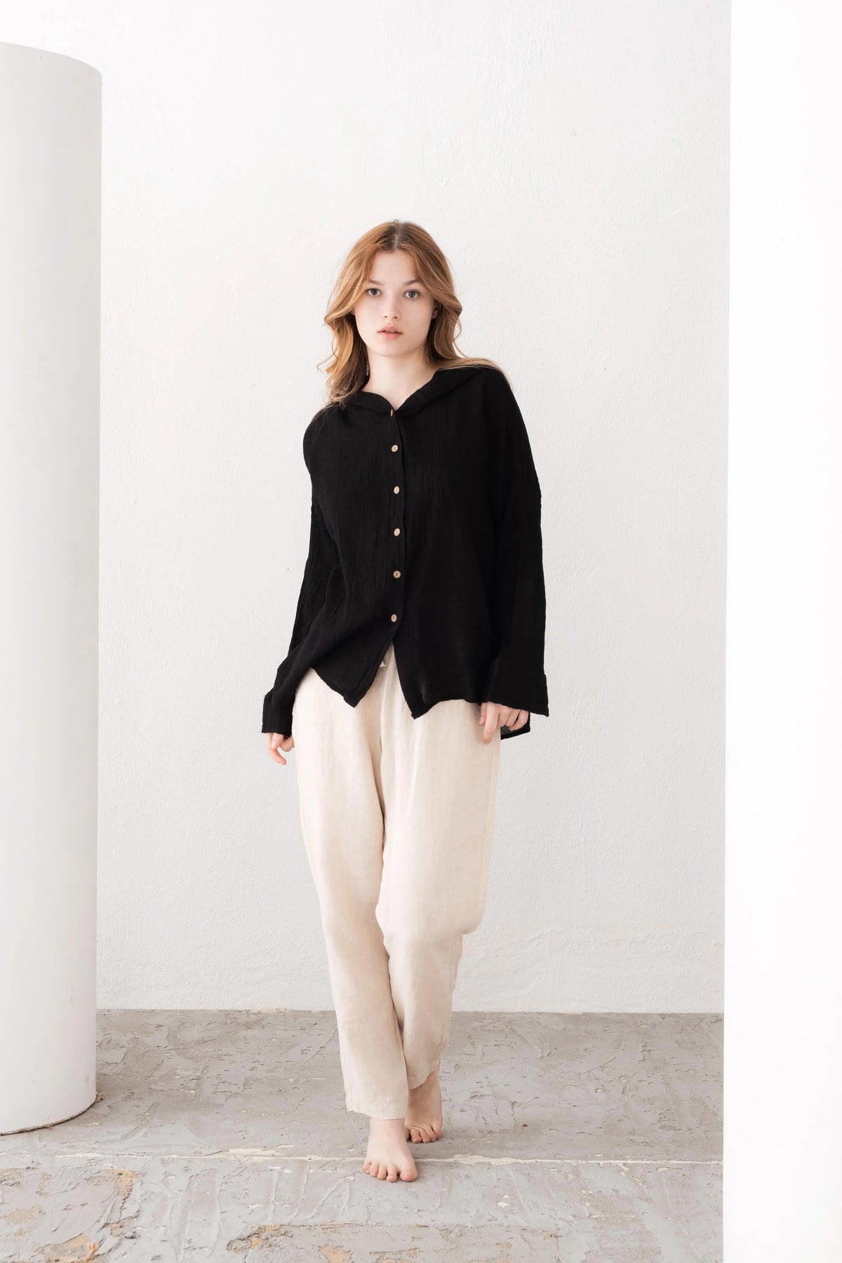 Black Linen Hoodie Shirt Detail — Resort Wear by Vleyn