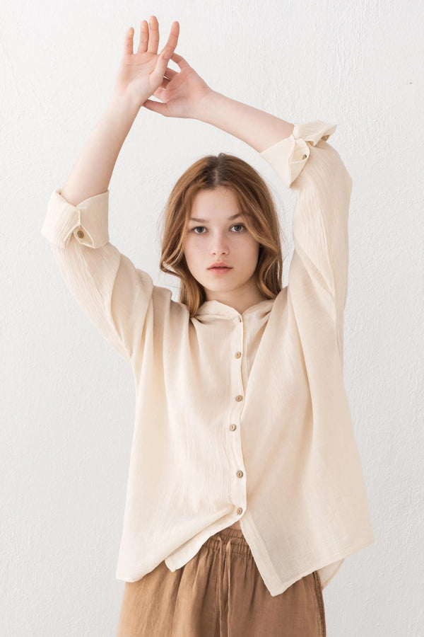 Beige Linen Long Sleeve Hoodie Shirt - Vleyn