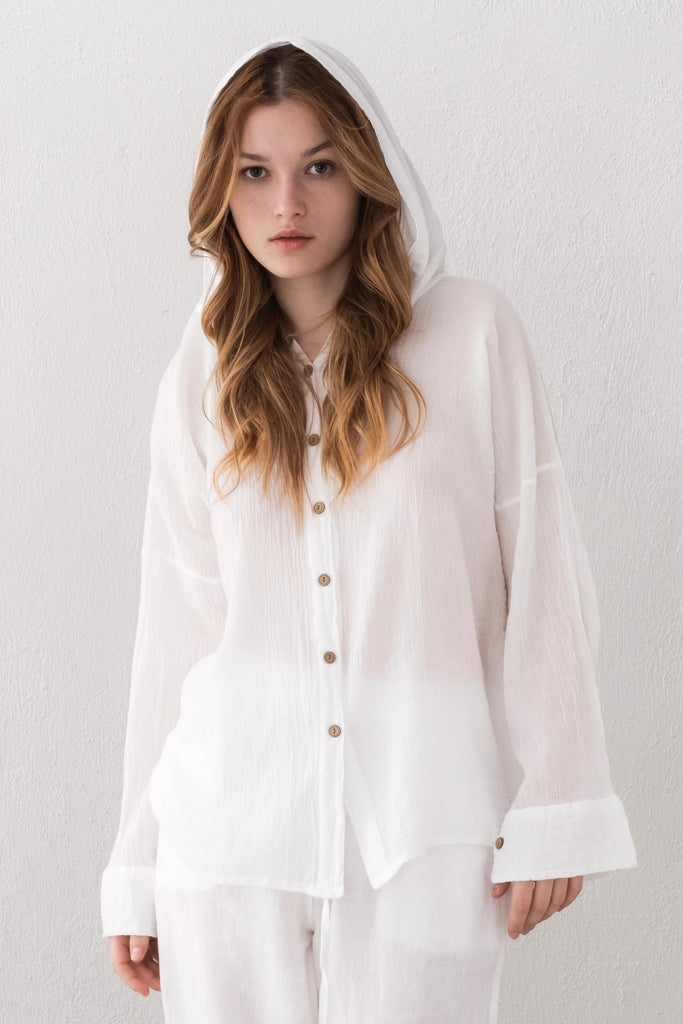 White Linen Long Sleeve Hoodie Shirt - Vleyn