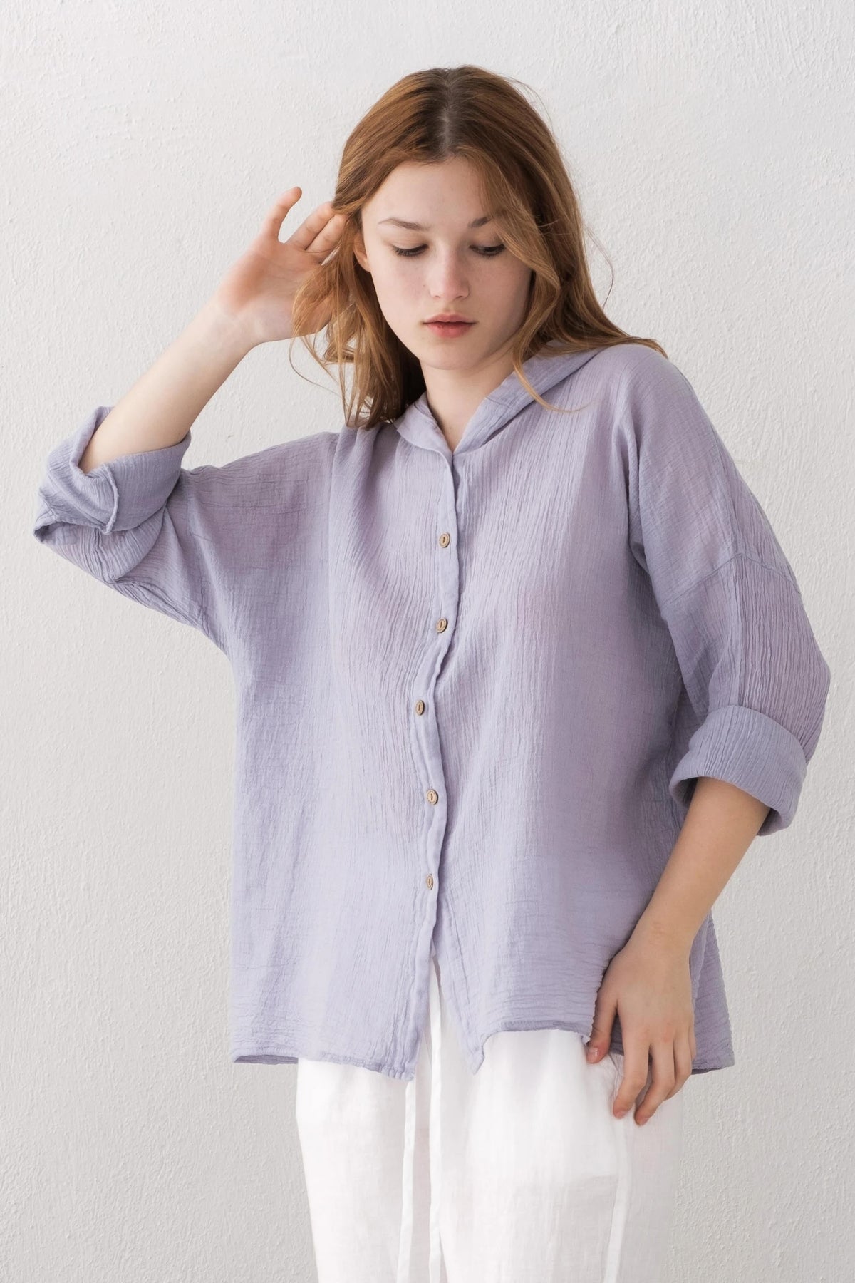 Lilac Linen Long Sleeve Hoodie Shirt — Boho Layering Piece by Vleyn
