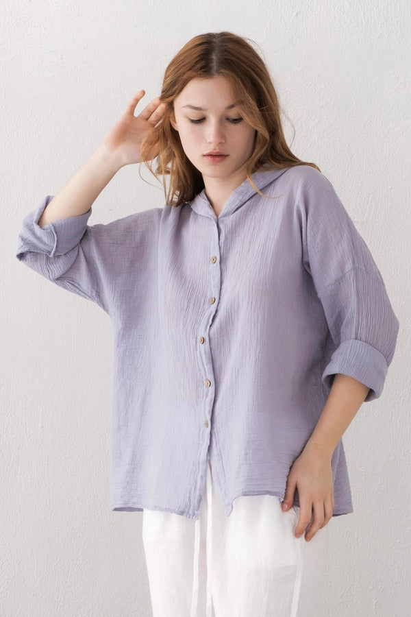 Lilac Linen Long Sleeve Hoodie Shirt - Vleyn
