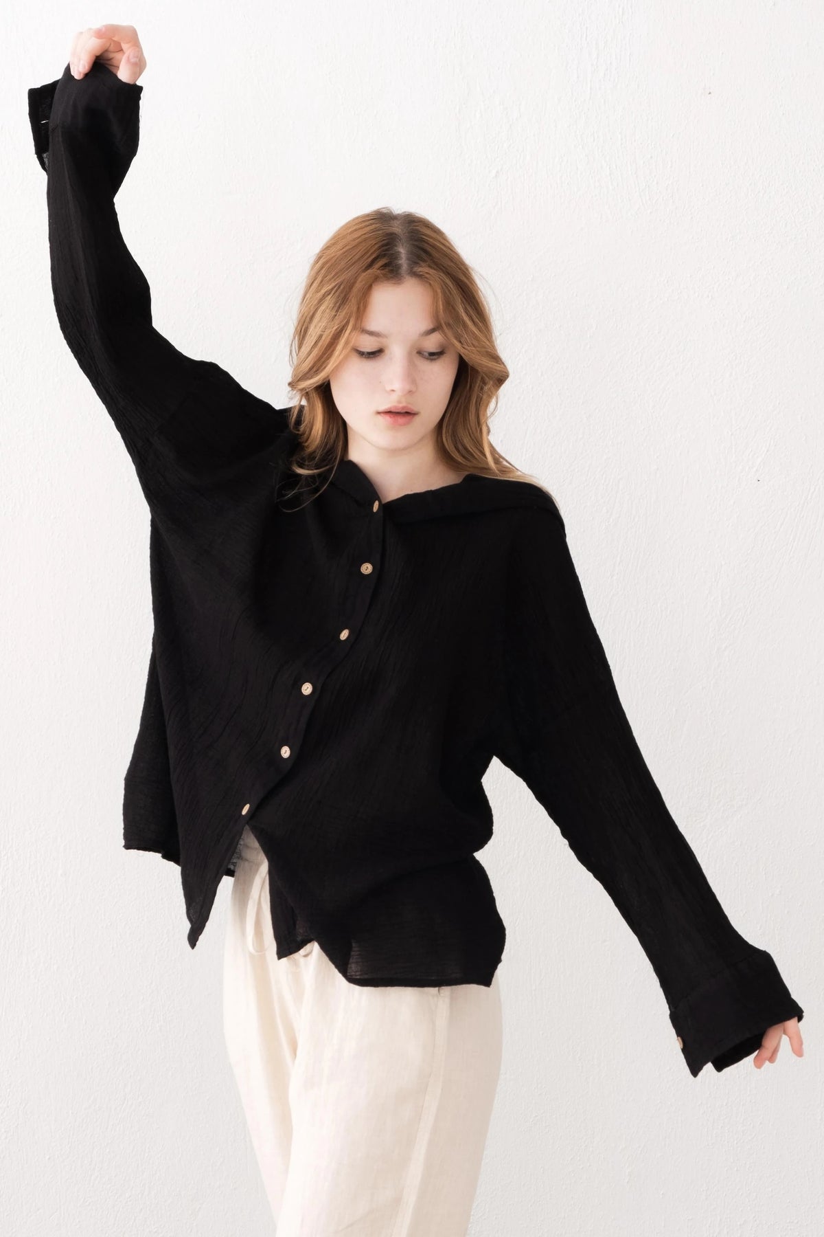 Black Linen Long Sleeve Hoodie Shirt — Boho Layering Piece by Vleyn
