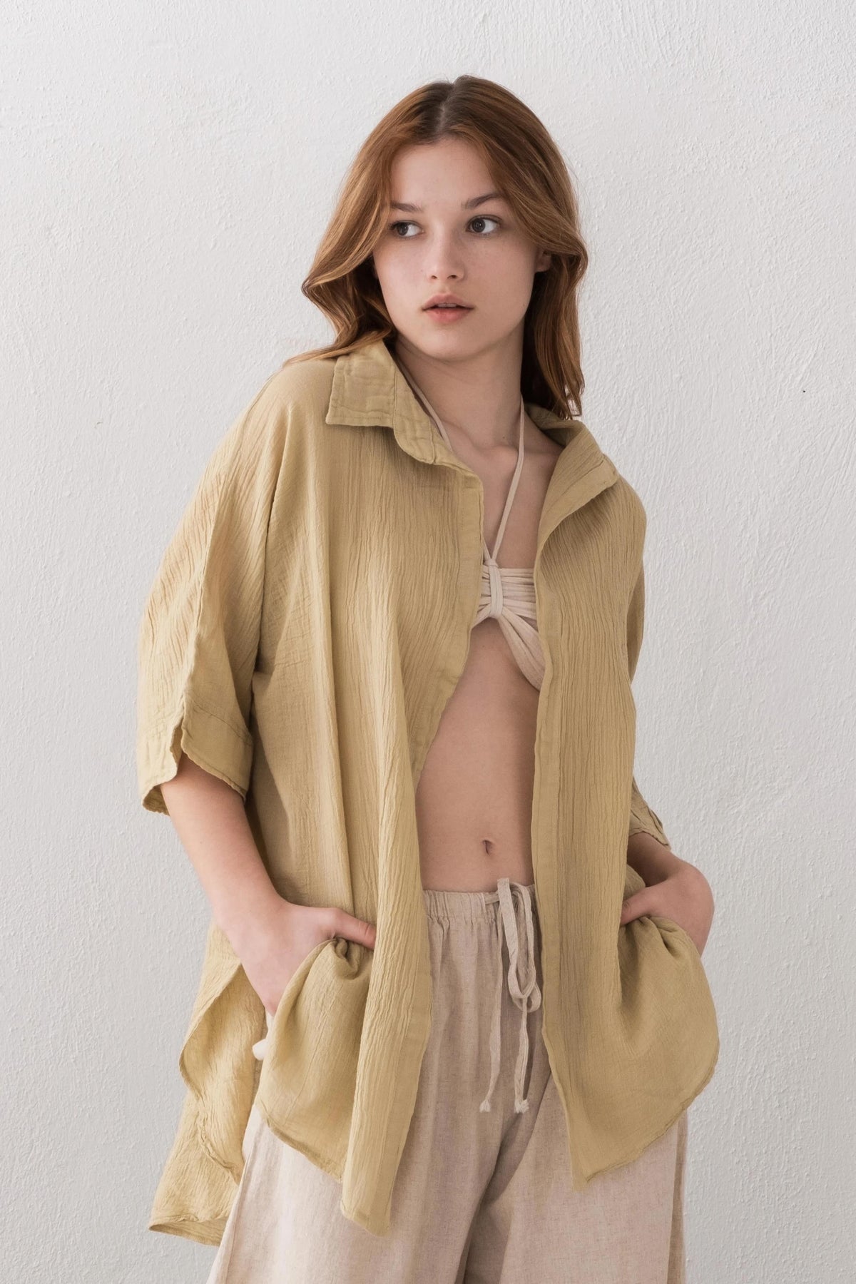 Mint Short Sleeve Bottomless Linen Shirt — Boho Crop Top by Vleyn
