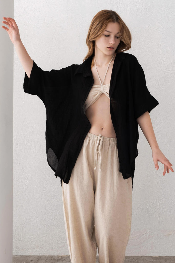 Black Color Short Sleeve Bottomless Linen Shirt - Vleyn