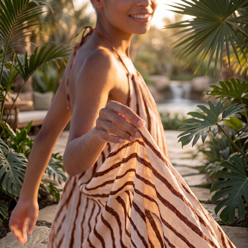 Mocha Stripe Halter Dress - styled view | mocha stripe dress | Vleyn