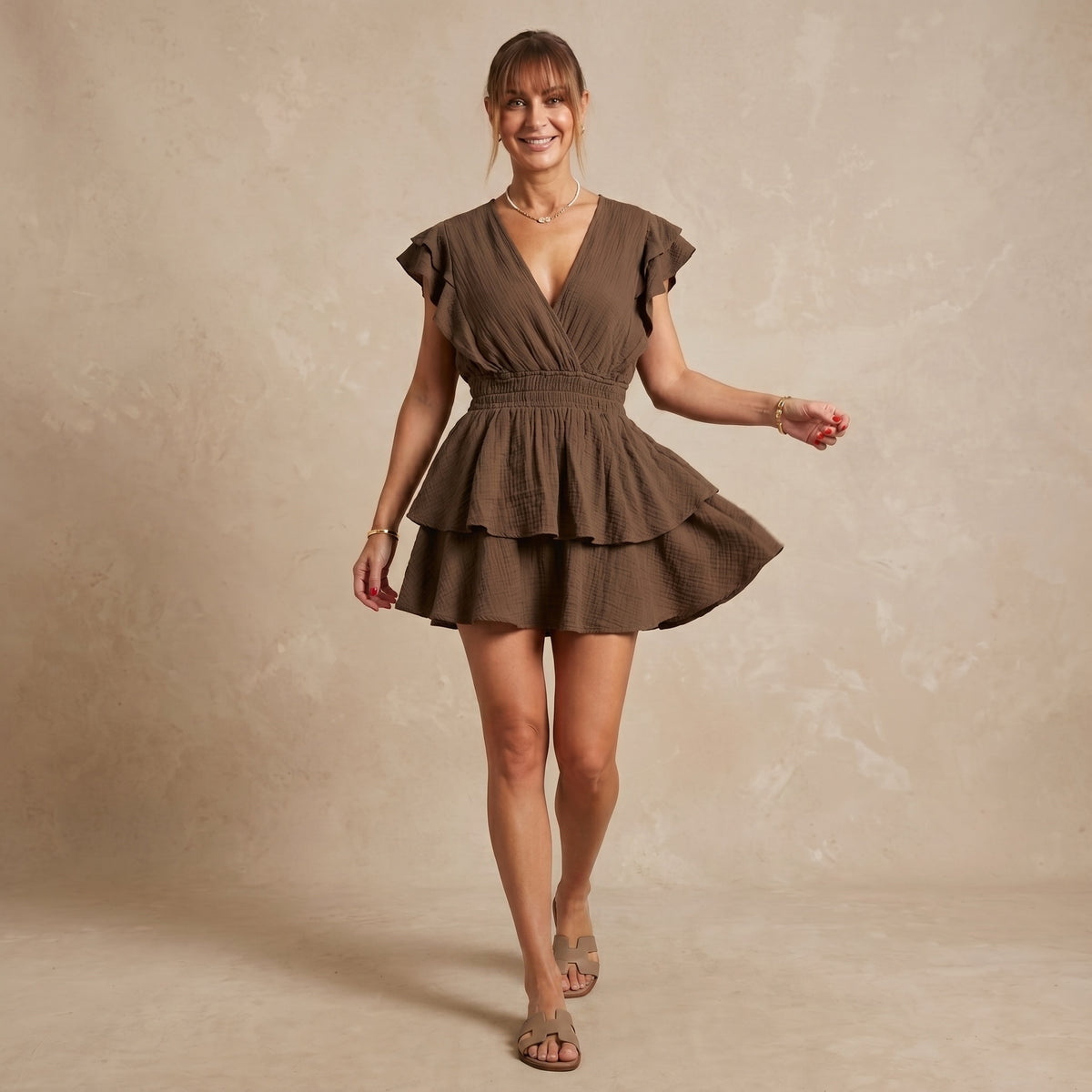 Brown Ruffle Romper Dress