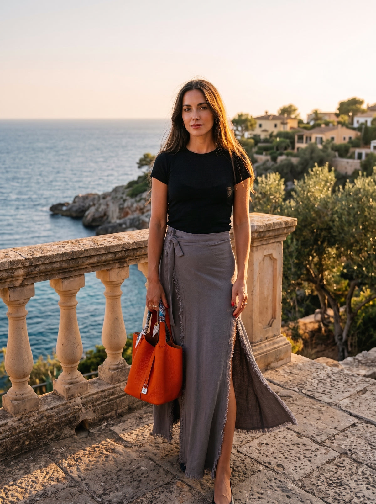 Steely Wrap Skirt - front view | steel grey maxi wrap skirt frayed hem boho | Vleyn