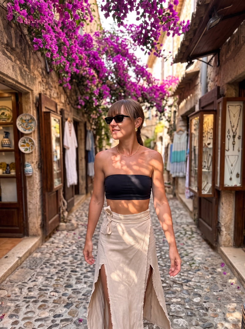 Stone Wrap Skirt - waist detail showing fringe band and double slit | Vleyn