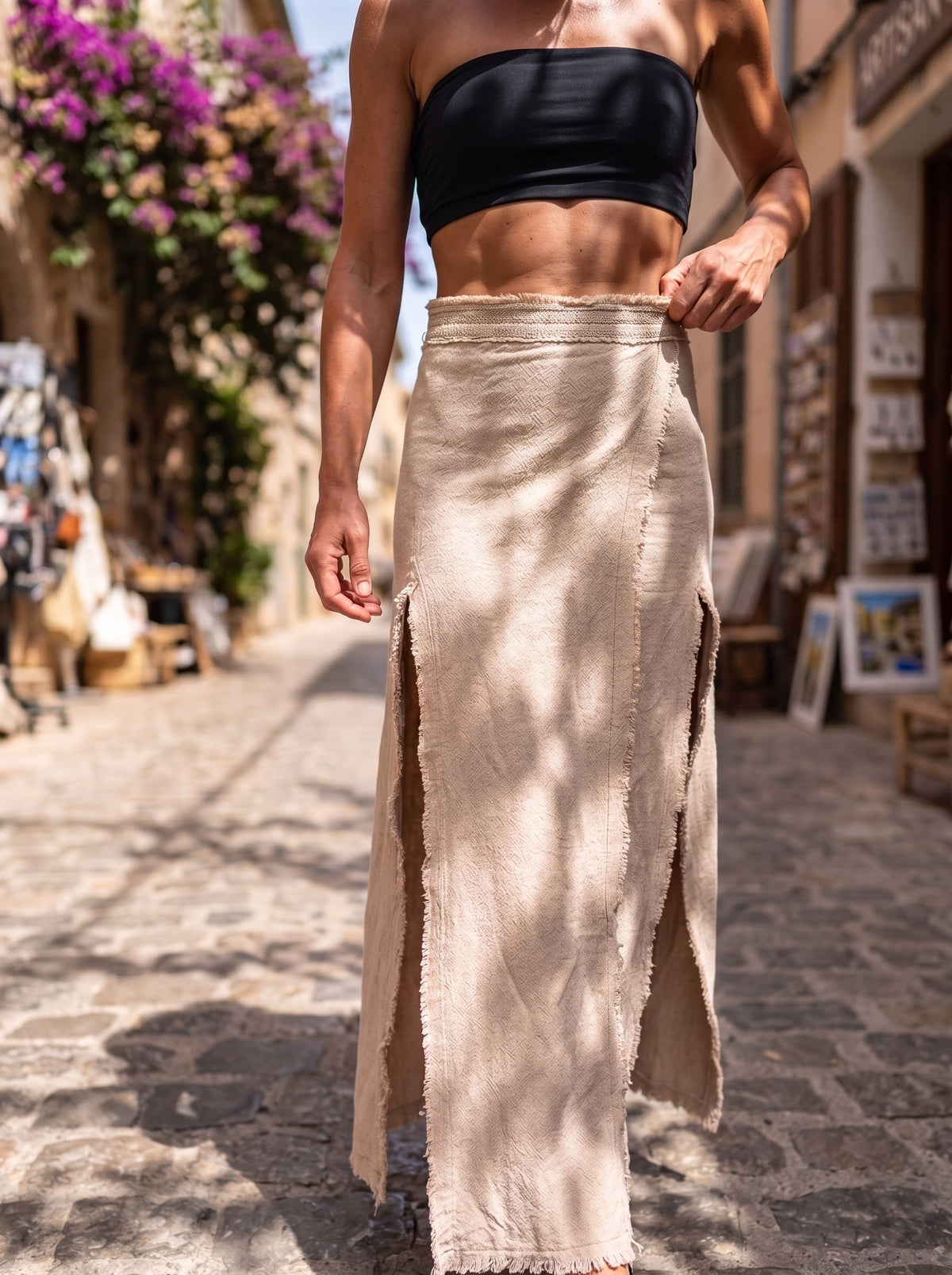 Stone Wrap Skirt - side view with bougainvillea backdrop | maxi wrap skirt | Vleyn