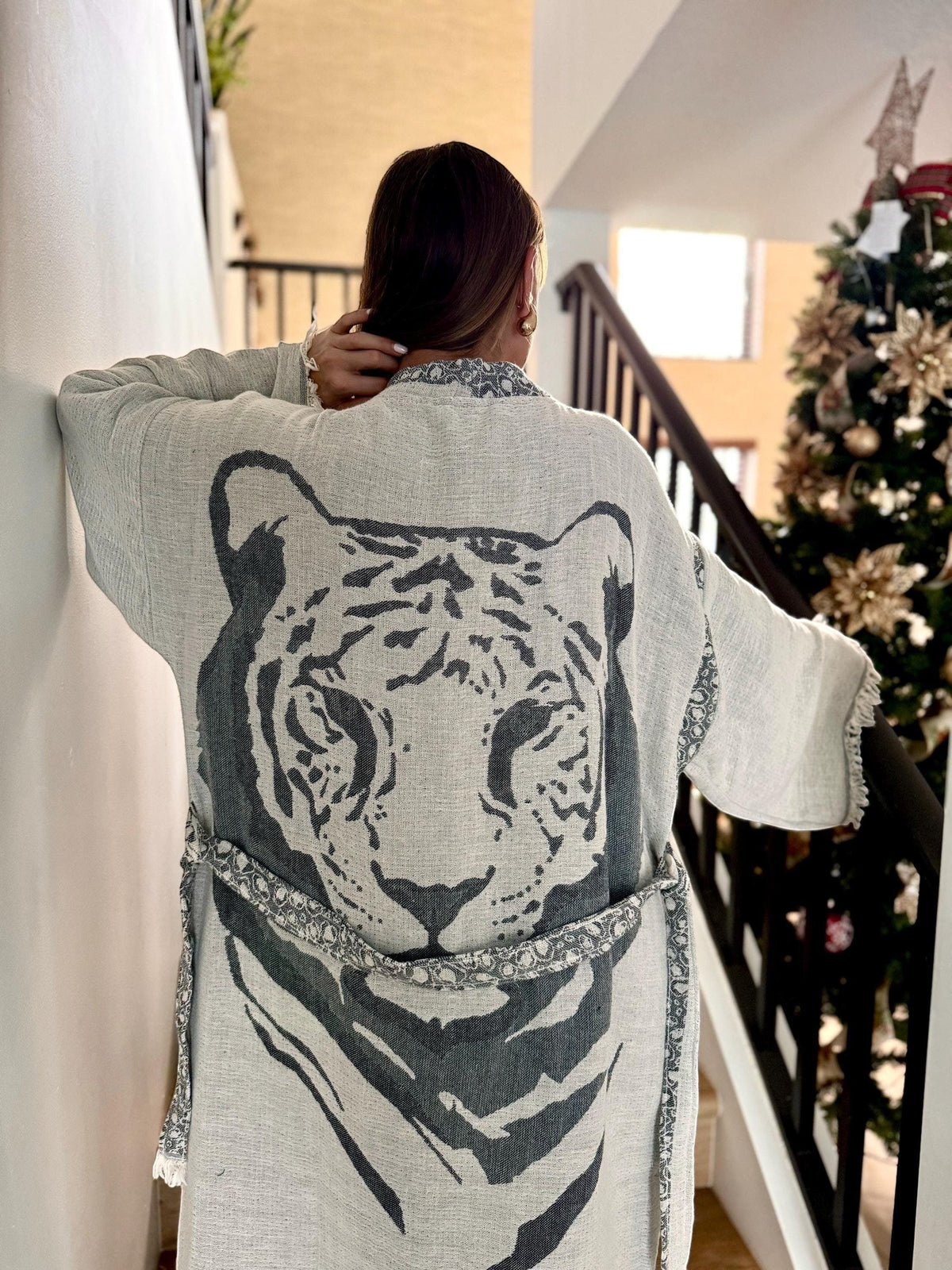 Tiger Face Kimono Robe With Fringed Trim Front View — Sustainable Luxury Robe by Vleyn