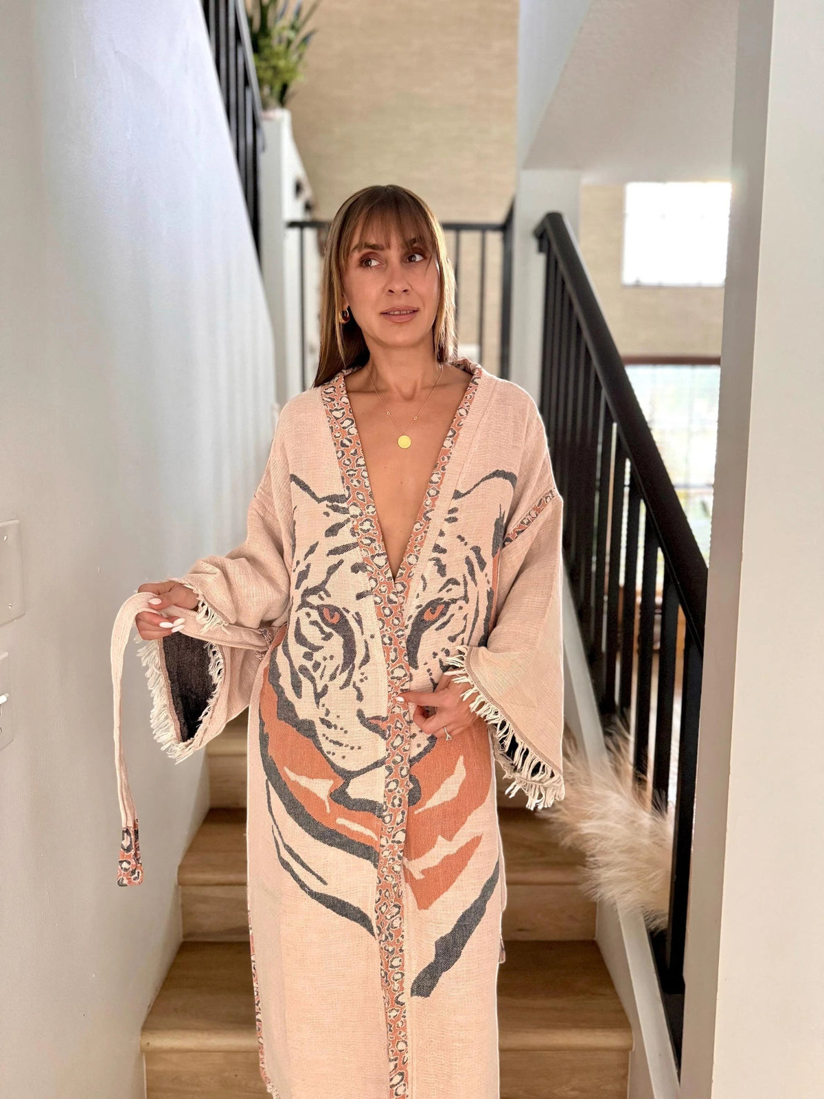 Tiger Face Kimono Robe With Fringed Trim Detail Shot — Handcrafted in Turkey by Vleyn